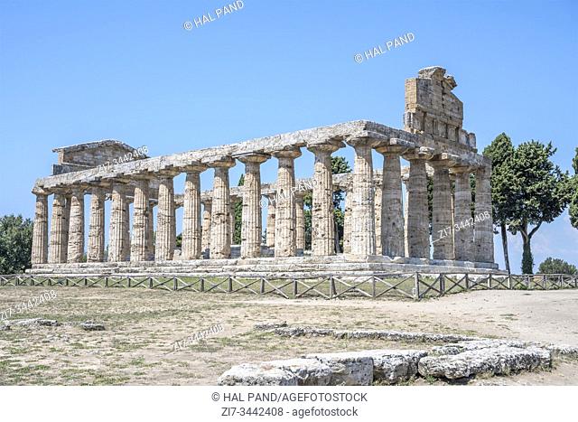 view from south east of Athena Doric temple, shot in bright summer light at Paestum, Salerno, Campania, Italy