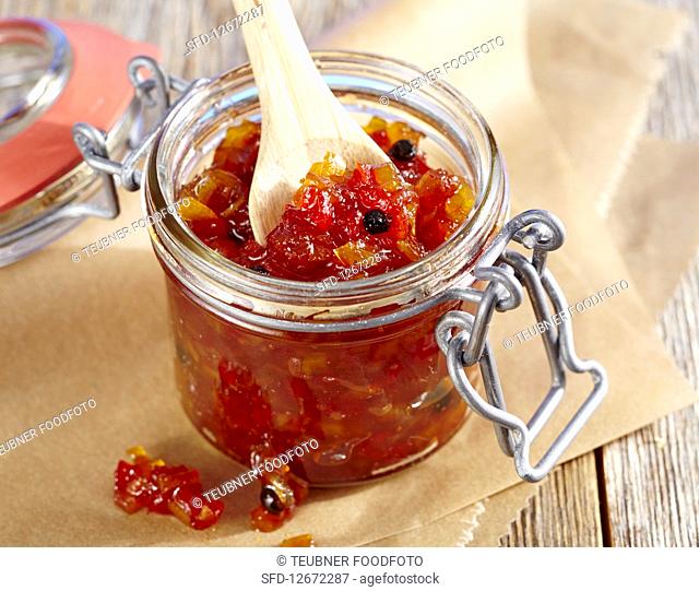 Spicy pepper relish in a flip-top jar