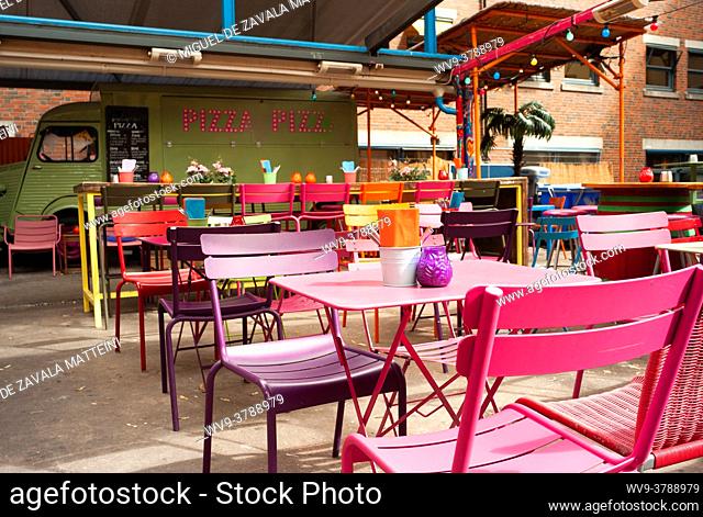 Pink chairs in a healthy café