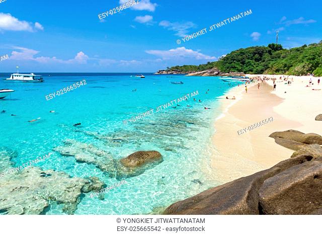 Beautiful landscapes of sky over the sea and tourists on beach in the summer at Koh Miang island is a attractions famous for diving in Mu Ko Similan National...
