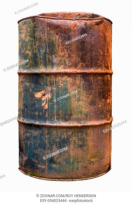An Isolated Rusty Old Oil Barrel Or Drum On A White Background