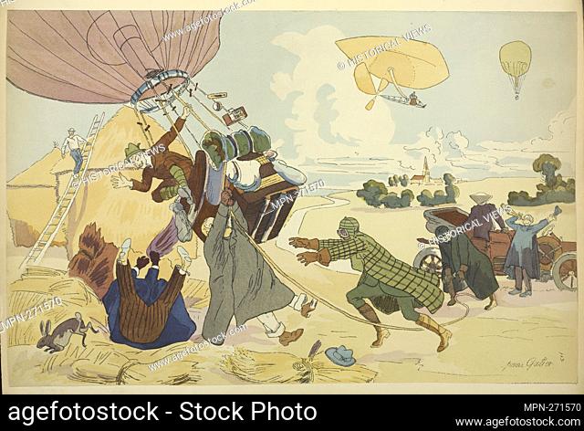Free balloon landing. Print by Pierre Gatier. La Vaulx, Henry de, 1870-1930 (Author) Gatier, Pierre (1878-1944) (Artist)