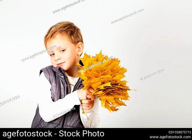 Portrait of happy joyful beautiful little boy against white background. Child holding a yellow maple leaves. Kid throws up a autumn yellowed foliage