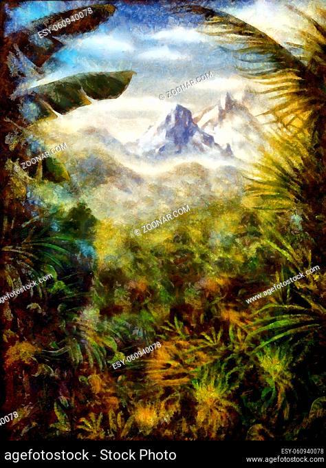 panoramatic view on tropical landscape with abundant plantation and mountain on the background, painting with graphic effect
