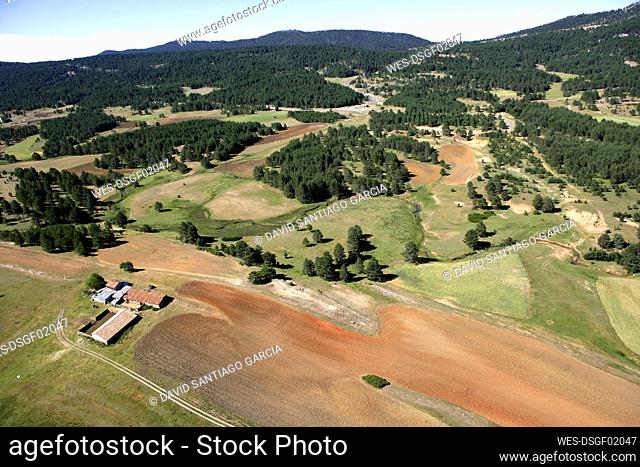 Spain, Province of Guadalajara, Aerial view of small farm in Alto¶ÿTajo¶ÿNature Reserve