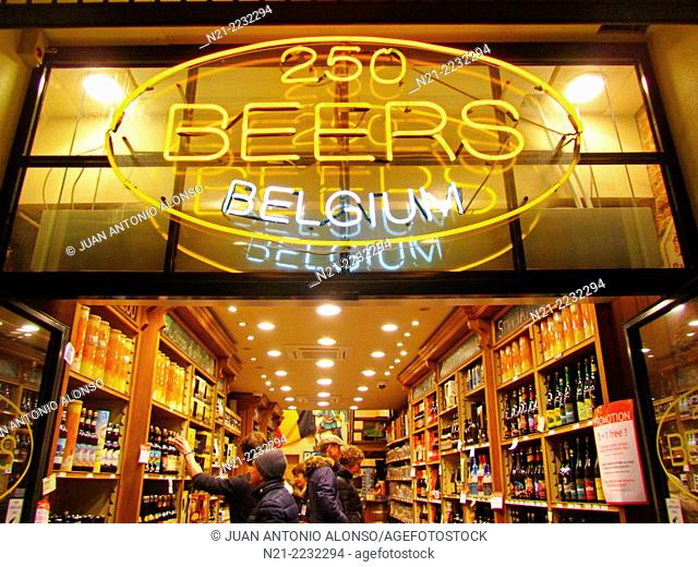 Popular beer shop near La Grand Place. Brussels, Belgium, Europe