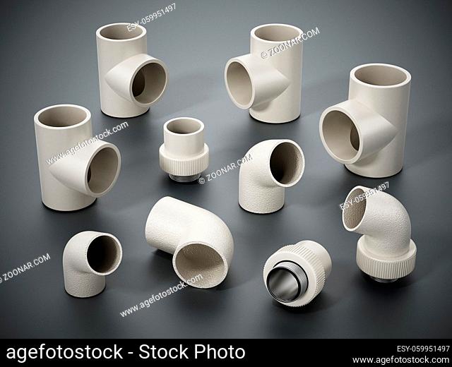 Group of various sized PVC connection parts isolated on white background. 3D illustration