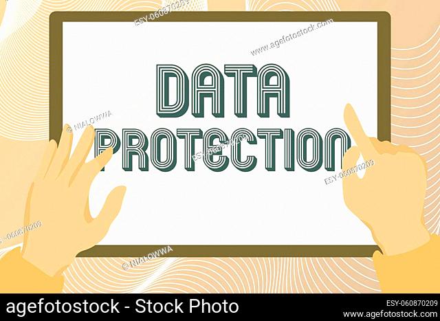 Handwriting text Data Protection, Word for Protect IP addresses and personal data from harmful software Hands Illustration Holding Drawing On Tablet Scree...