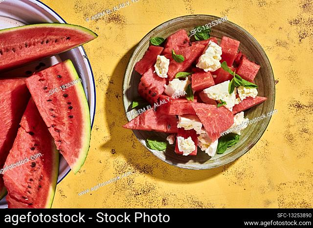 Watermelon salad with feta and mint