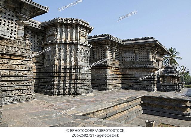 Ornate wall panel relief, Hoysaleshwara temple, Halebidu, Karnataka, india. View from South East