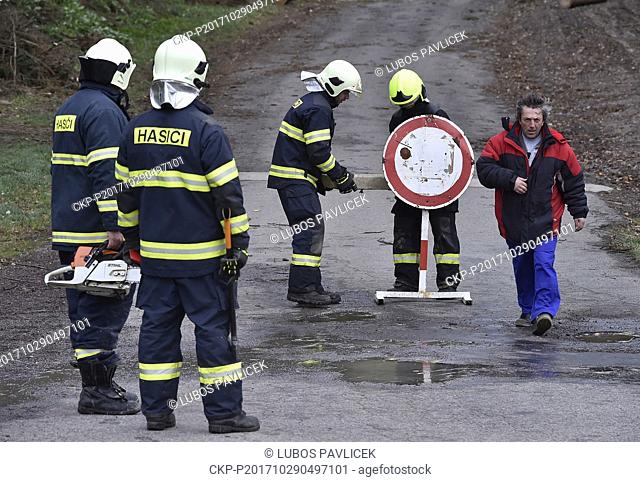 A firefighters close a street in Luka nad Jihlavou, Czech Republic, October 29, 2017. A windstorm which hit the whole of the Czech Republic claimed two lives...