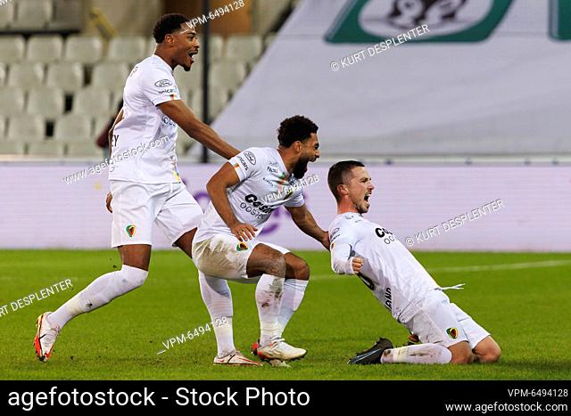 Oostende's Maxime D'Arpino celebrates after scoring during a soccer match between Cercle Brugge and KV Oostende, Saturday 29 January 2022 in Brugge