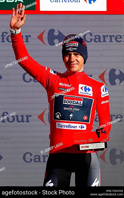 Belgian Remco Evenepoel of Soudal Quick-Step celebrates on the podium after winning stage 3 of the 2023 edition of the 'Vuelta a Espana'