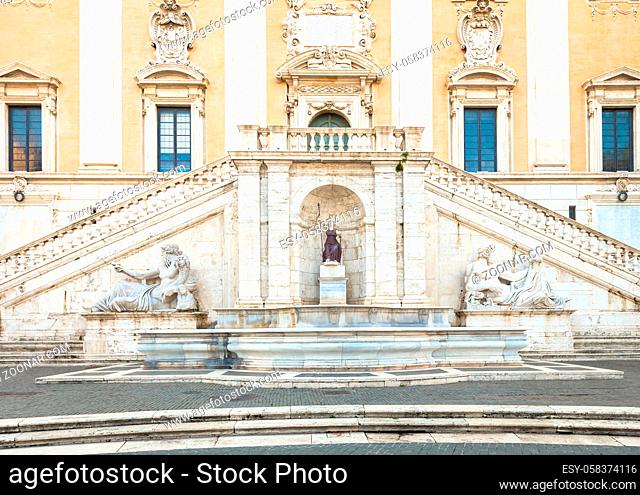 Rome, Italy. View of the staircase of the Palazzo Senatorio, a Renaissance masterpiece. Its double ramp of stairs were designed by Michelangelo as part of the...