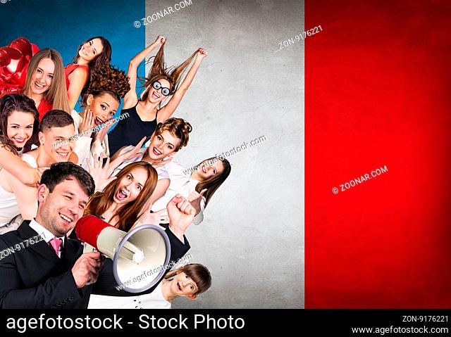 Happy group of diverse students standing on the chinese flag background