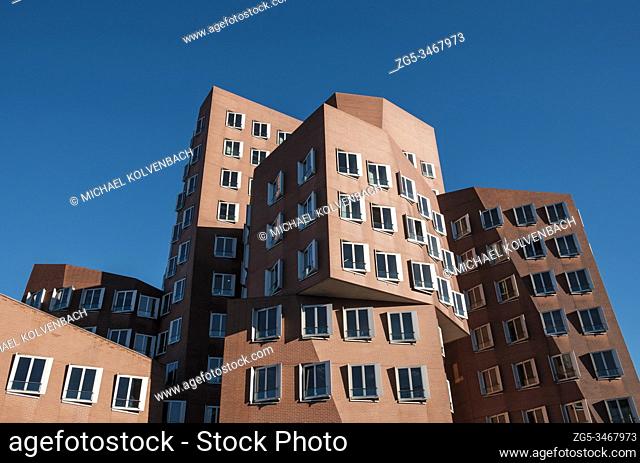 One of the Gehry buildings 'Am alten Zollhof' in Medienhafen quarter, Düsseldorf, North Rhine-Westphalia, Germany