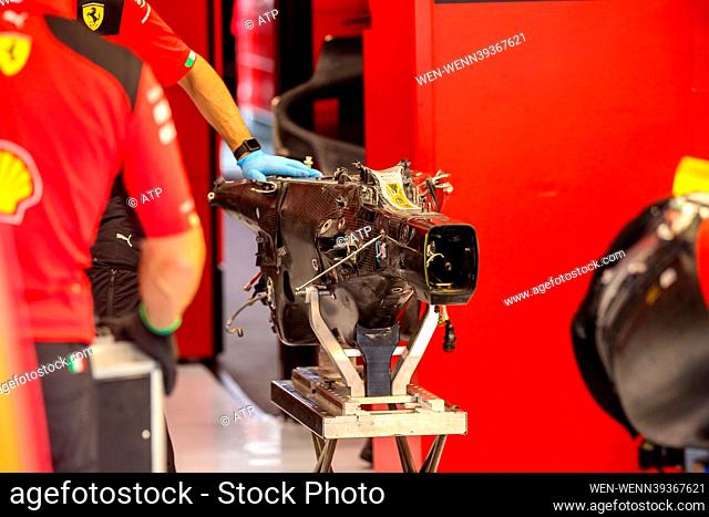 Francorchamps, BELGIUM, 29 July 2023: view into the garage of Ferrari, car of Charles LECLERC, Team Scuderia Ferrari, SF23 Formula 1 Belgian Grand Prix 2023