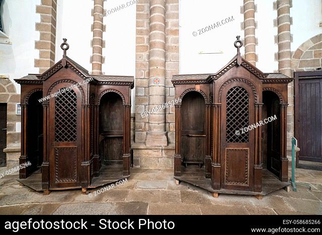 Quimperle, Finistere / France - 24 August 2019: view of the confessional in the Abbey Sainte-Croix in Quimperle in Brittany