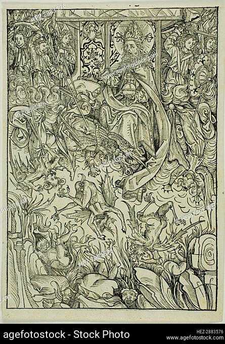 The Fall of Lucifer and the Rebel Angels (verso); The Gathering of the Angels (recto).., 1491. Creator: Michael Wolgemut