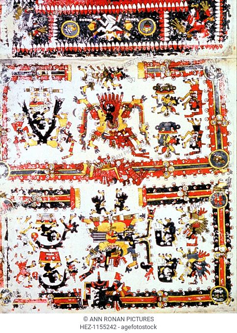 Codex Borgianus showing confronting deities, Mixtec, Pre-Columbian Mexico, c1400. The Mixtec civilization flourished from c 1200 until the Spanish conquest in...