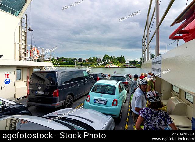 Sehestedt, ferry on Nord-Ostsee-Kanal (Kiel Canal) in Binnenland, Schleswig-Holstein, Germany
