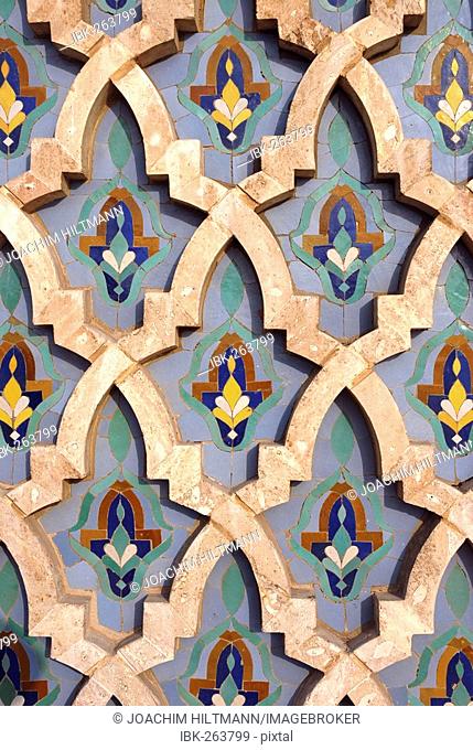 Ornaments on the frontage of Hassan II Mosque, Casablanca, Morocco, Africa