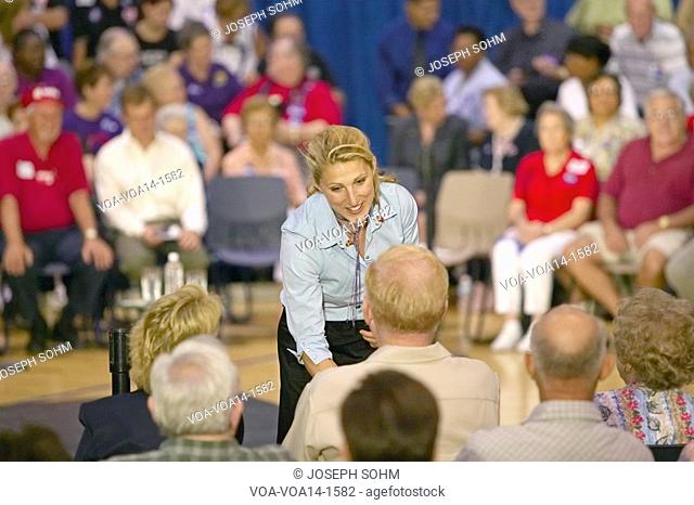 Vanessa Kerry shaking hand of attendee at Kerry campaign rally, Valley View Rec Center, Henderson, NV