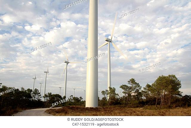 Spain, Catalonia, Lleida province, Tarres, Windmills at the Pla del Cintet