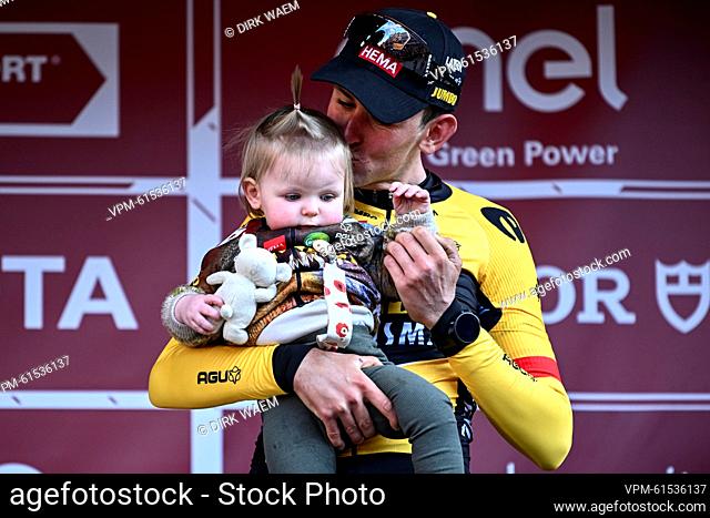 Belgian Tiesj Benoot of Jumbo-Visma and daughter Roos pictured on the podium after the men's elite race of the 'Strade Bianche' one day cycling race (184km)...