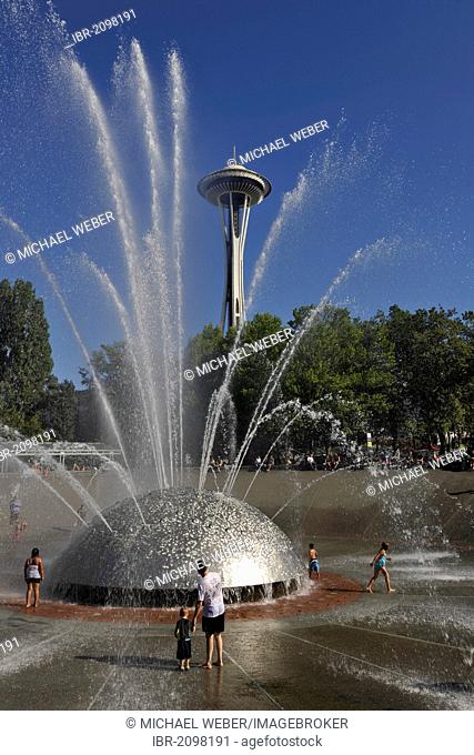 International Fountain in front of Space Needle, trick fountain, Seattle Center, Seattle, Washington, United States of America, PublicGround