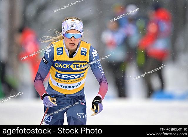 Jessie Diggins (USA) during the women's sprint qualifying on saturday in the World Cup in cross-country skiing at the Östersund ski stadium in Ostersund