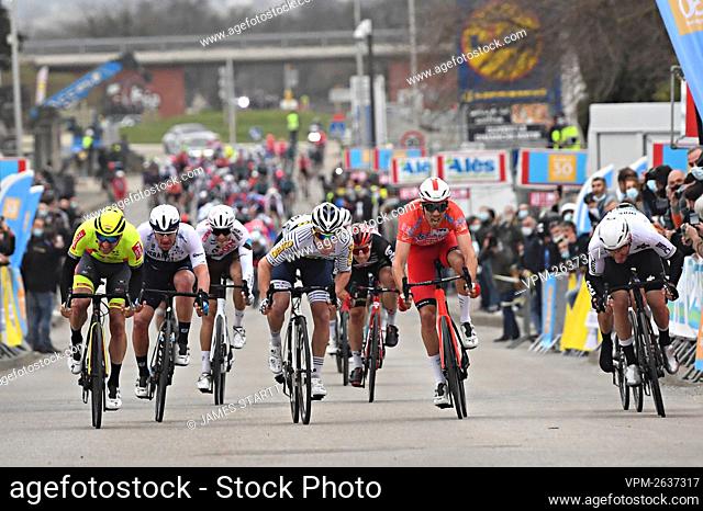Belgian Timothy Dupont of Bingoal-WB (L) wins the second stage of the five-day cycling race Etoile de Bessege, from Saint Genies de Malgoires to La Calmette...