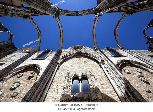 Ruins of the monastery church of the former convent of the Carmelite order, Convento do Carmo, frog perspective, Chiado district, Lisbon, Portugal
