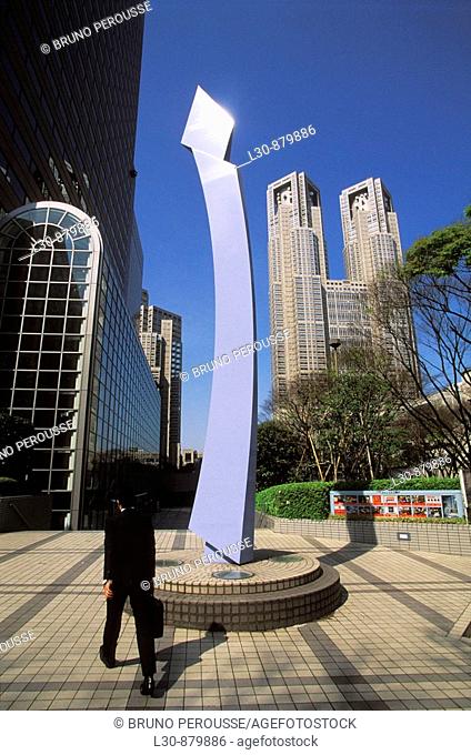 Sculpture and City Hall, Shinjuku business district, Tokyo, Japan