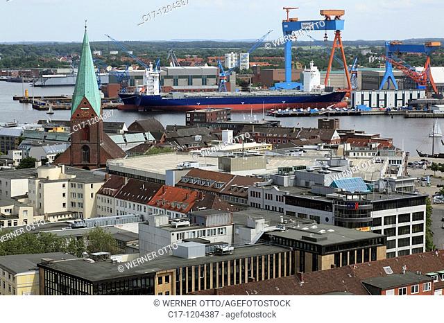 Germany, Kiel, Kiel Fjord, Baltic Sea, Schleswig-Holstein, panoramic view, Alter Markt with church Saint Nicolai, evangelic church, Kiel harbour