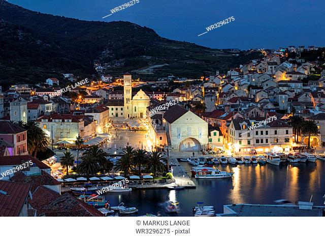 View over the port to the old town of Hvar, Hvar Island, Dalmatia, Croatia, Europe