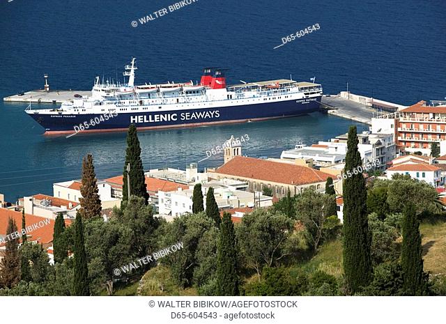 Town View with Greek Island Ferry from Hills. Vathy (Samos town). Samos. Northeastern Aegean Islands. Greece