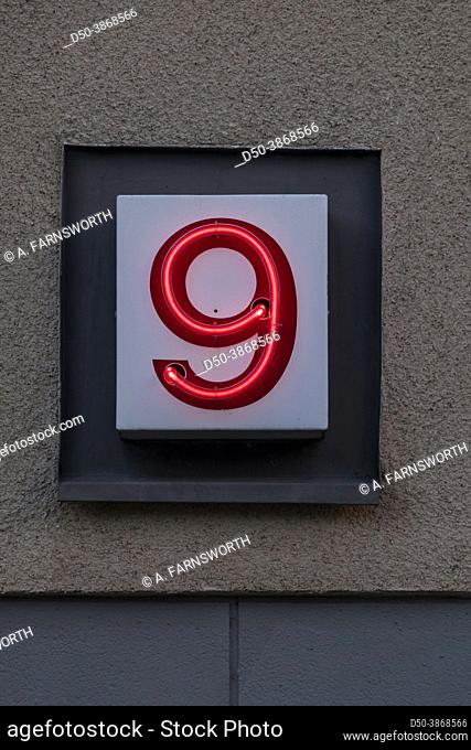 Stockholm, Sweden A neon number 9 on the facade of a house