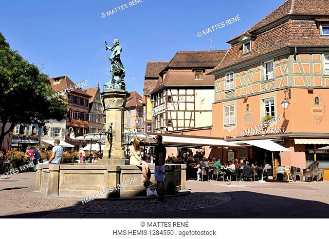 France, Haut Rhin, Alsace Wine Route, Colmar, place de l'Ancienne Douane with Schwendi fountain work by Bartholdi