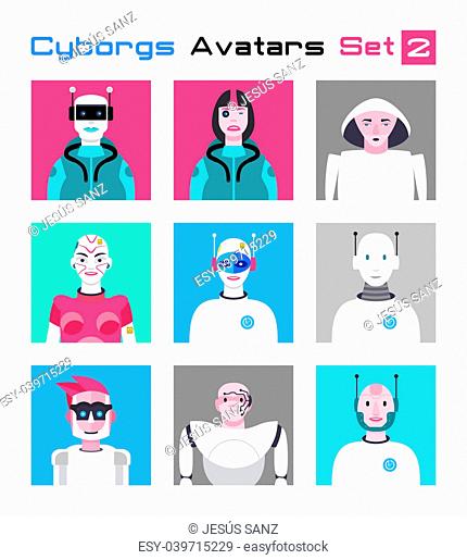 Varied set of cyborgs faces and heads for used as characters avatars. Imaginative and friendly colourful collection of happy characters
