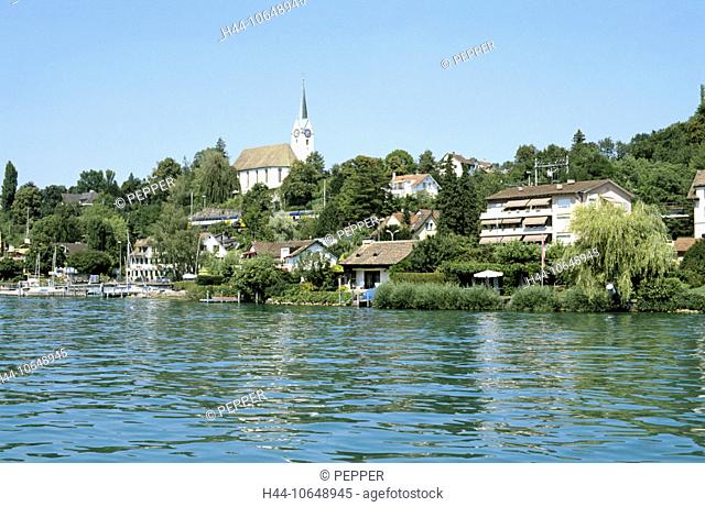 10648945, village, Gold Coast, harbour, port, houses, homes, Herrliberg, canton Zurich, church, Switzerland, Europe, lake, sea