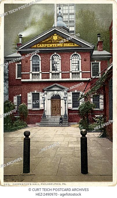 Carpenters' Hall, Philadelphia, Pennsylvania, USA, 1901. Vintage postcard showing the exterior of the red brick building located at Chestnut and 6th Streets