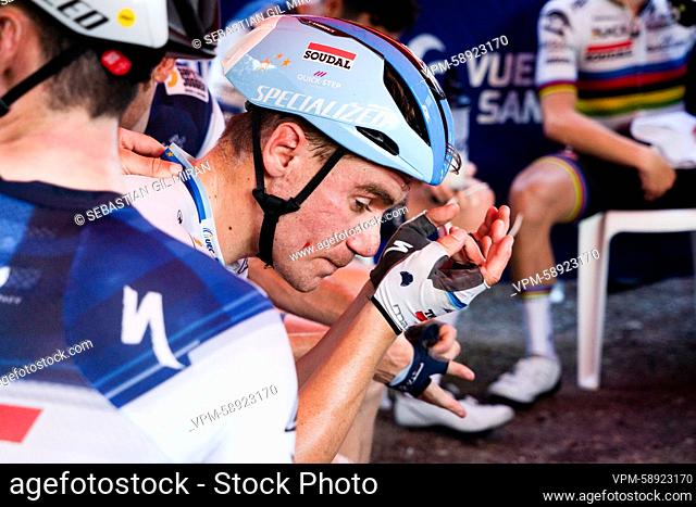 Dutch Fabio Jakobsen of Soudal Quick-Step looks injured after an incident at the end of the race, someone from the public hit Fabio Jakobsen in the face with a...