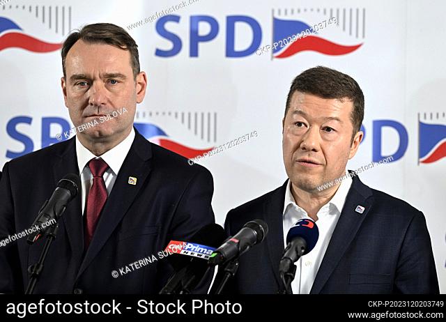 SPD movement chairman Tomio Okamura, right, speaks during the press conference after the national conference of the SPD (Freedom and Direct Democracy) movement...