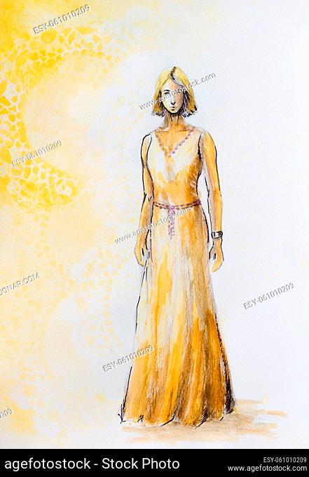 sketch of mystical woman in beautiful ornamental dress inspired by middle age design
