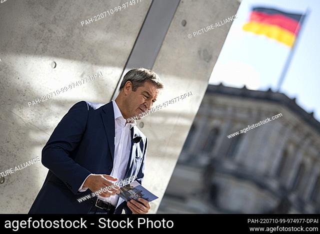 10 July 2022, Berlin: Markus Söder (CSU), party chairman and prime minister of Bavaria, speaks during the summer interview of ARD's ""Report from Berlin"" on...