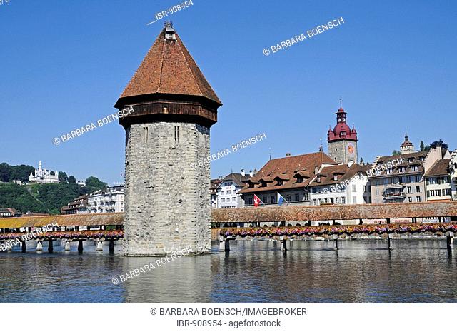 Kapellbruecke, Chapel Bridge, water tower, Reuss River, Switzerland, Europe
