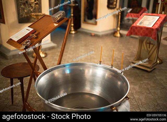 Orthodox Christian utensils in the church. Epiphany ceremony rite and font