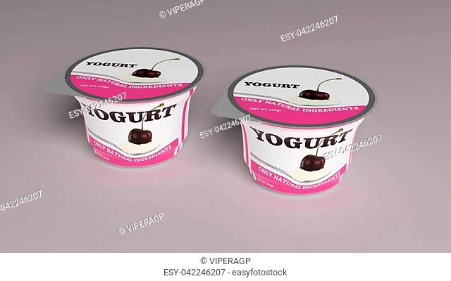 Cherry Yogurt plastic cup packaging on colored background. 3d illustration