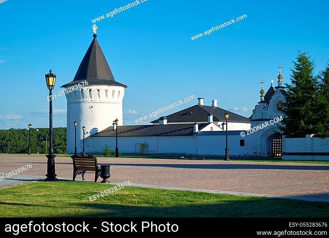 The Red square and Orlovskaya tower and northern holy gates of Tobolsk Kremlin. Tobolsk. Tyumen Oblast. Russia